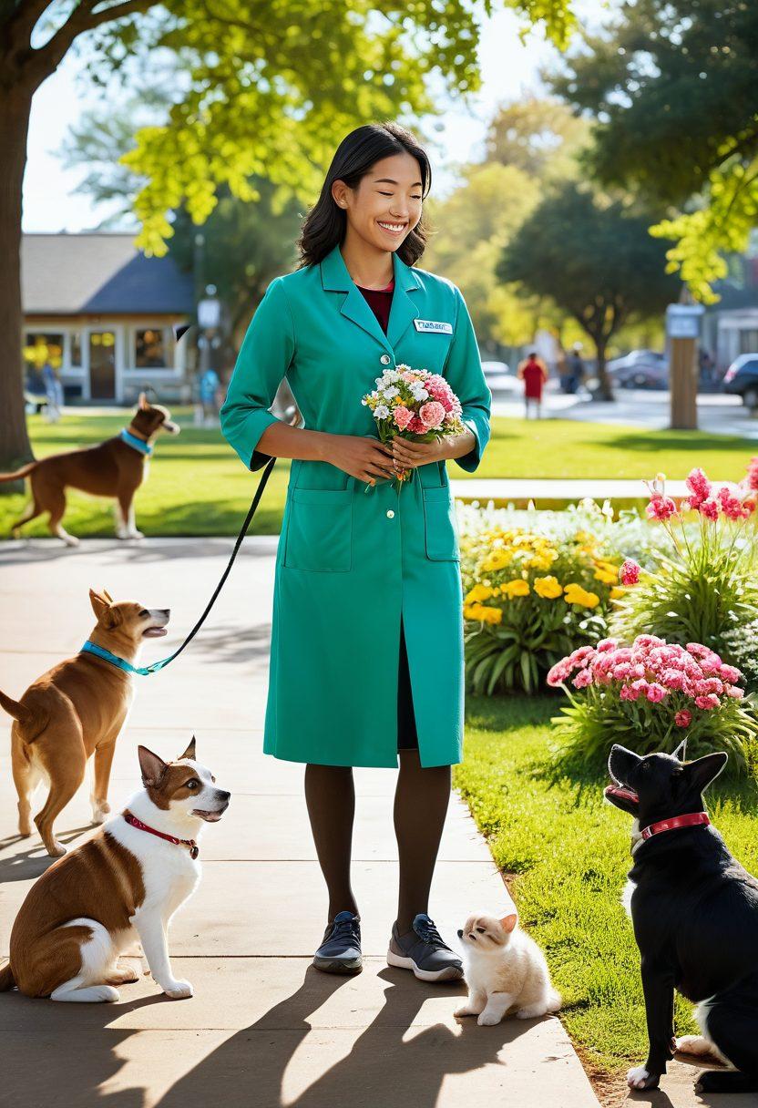 A warm and inviting scene depicting a responsible pet owner happily interacting with their dog in a park, surrounded by diverse families engaging with their own pets. Include symbols of community welfare, like a vet clinic in the background and a banner promoting pet sterilization. Showcase a variety of pets to emphasize inclusivity and positivity. The setting should be bright and cheerful, promoting the benefits of responsible pet ownership. vibrant colors. super-realistic.