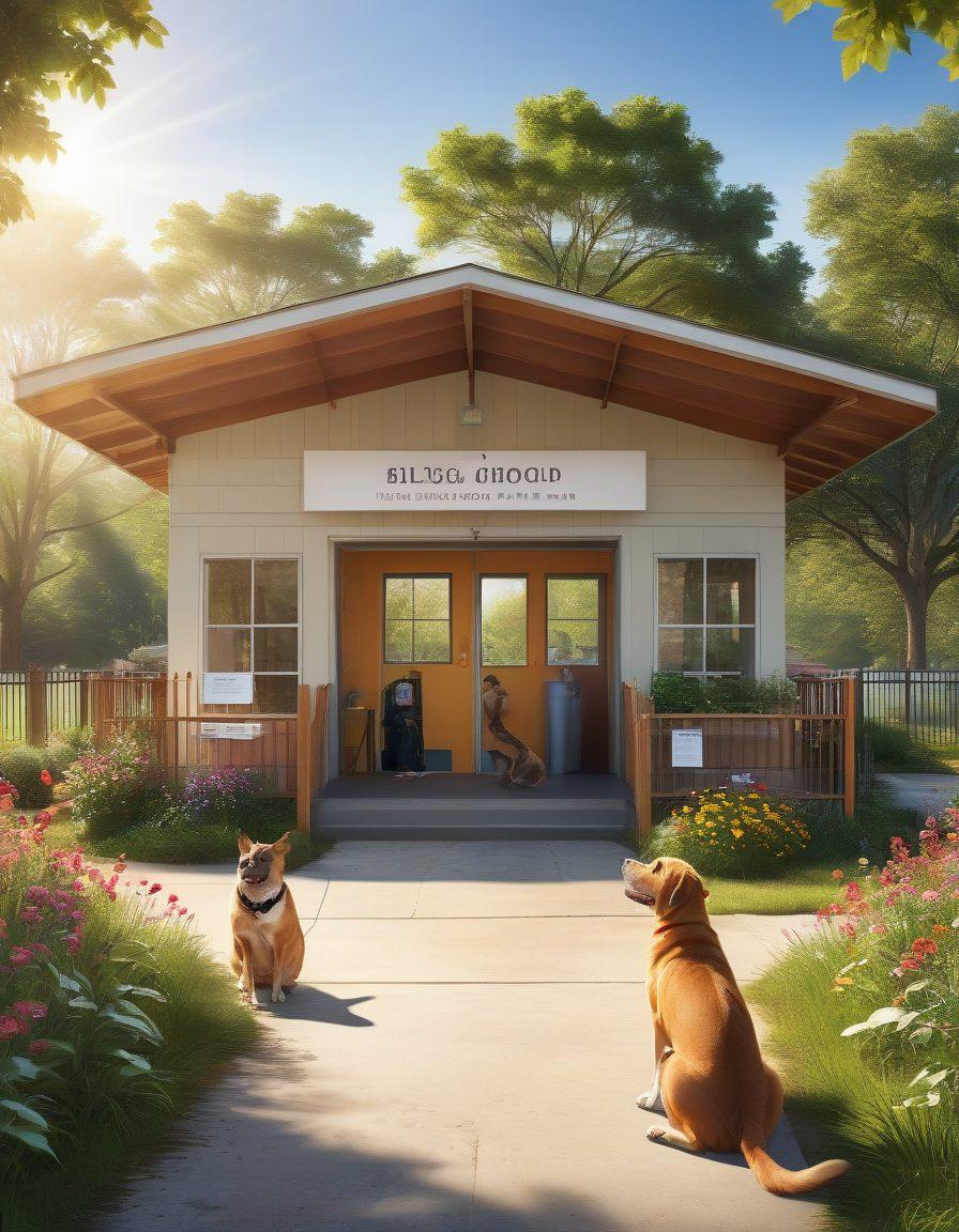 A vibrant illustration of a friendly animal shelter scene in Georgia, showcasing various joyful animals awaiting adoption including dogs, cats, and small pets. Surrounding them, diverse families engaging with staff, helping to create a sense of community. Incorporate the Georgia landscape in the background, showcasing trees and sunshine. Highlight informational signs about resources and adoption programs. colorful and warm colors. super-realistic.